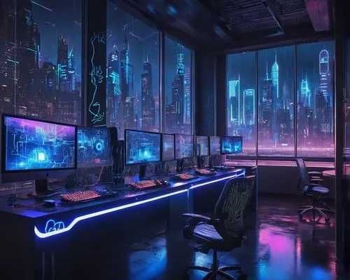 "DALL-E, futuristic lab, robotic arms, holographic screens, sci-fi environment, neon lights, wires, circuits, metal tables, computer terminals, coding screens, 3D printing machines, virtual reality he