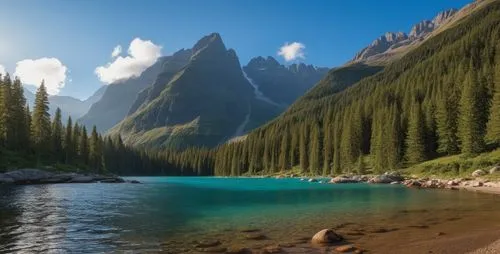 a scenic lake surrounded by green mountains on a sunny day,moraine lake,lake moraine,nature wallpaper,heaven lake,emerald lake,mountainous landscape,Photography,General,Realistic