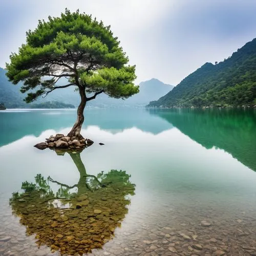 White background， landscape， 墨water， Monte， water， Tree，lakeside,a lone tree is in a body of water,isolated tree,lone tree,the japanese tree,pine tree,lonetree,green trees with water,Photography,Gener