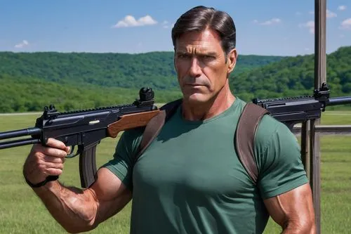 an illustration of a very handsome 50 year old brunette american man, very lean and muscular, looking front, at a hobby shooting range in kentucky,stallone,biehn,hannegan,expendable,jcvd,brosnan,gilsi