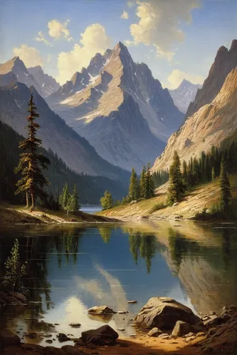 Mountain Lake Scene by Gilbert Munger (1837-1903, United States) | Oil Painting | WahooArt.com,mountain landscape,mountain scene,mountainous landscape,salt meadow landscape,landscape background,river 