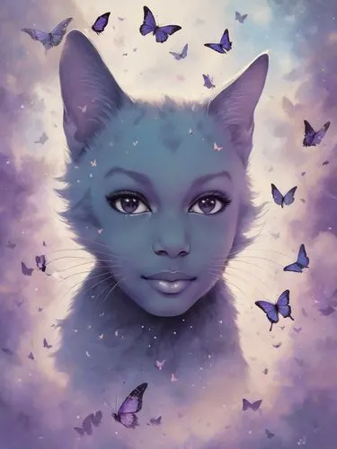 ori-pei,holly blue,fantasy portrait,fantasia,mystical portrait of a girl,precious lilac,indigo,cat child,amethyst,feline,la violetta,capricorn kitz,cat with blue eyes,cat on a blue background,sphynx,digital art,avatar,young cat,lilac,world digital painting