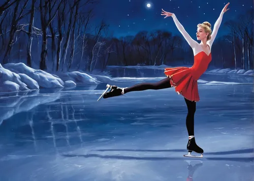 Tell a tale of a woman passionately expressing herself through breathtaking free skating moves on a moonlit frozen pond.,figure skater,figure skating,ice dancing,figure skate,ice skate,ice skating,ice