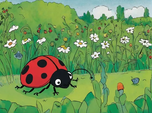 Write a humorous dialogue between a curious toddler and a two-point ladybug in a garden.,two-point-ladybug,ladybug,ladybird,ladybugs,lady bug,ladybird beetle,hatching ladybug,clover meadow,asian lady 