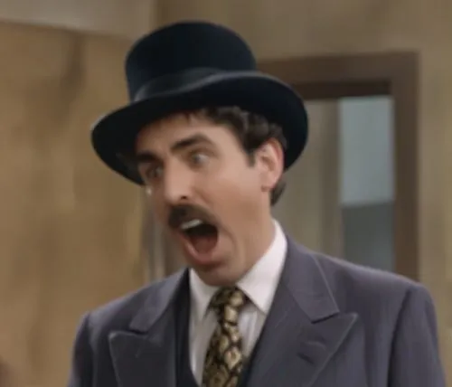 a man is making a face while wearing a black hat,fawlty,poirot,borat,krumholtz,groucho,clouseau