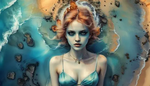 a woman is depicted with a sea shell and shells,mermaid background,amphitrite,fathom,sirene,naiad,naiads,Illustration,Realistic Fantasy,Realistic Fantasy 15