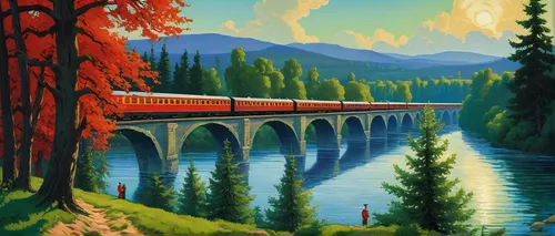 travel poster,amtrak,railroad bridge,scenic bridge,viaduct,sweeping viaduct,river landscape,railway bridge,train route,train way,train ride,long-distance train,tied-arch bridge,bridge,arch bridge,train,green train,railroad,bailey bridge,trestle,Art,Classical Oil Painting,Classical Oil Painting 27