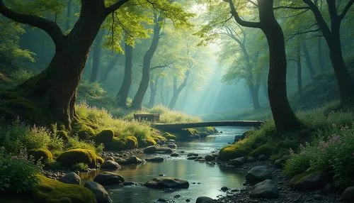 Serene forest glade, lush foliage, misty atmosphere, teal accents, natural wood textures, earthy tones, moss-covered stones, soft warm lighting, shallow depth of field, 3/4 composition, panoramic view