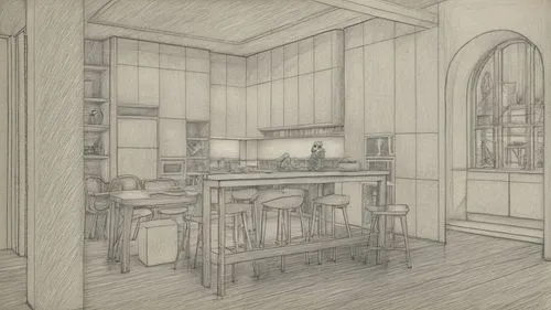 a drawing of a room showing the table and bench,kitchen,victorian kitchen,house drawing,kitchen design,the kitchen,pencil frame,Design Sketch,Design Sketch,Pencil