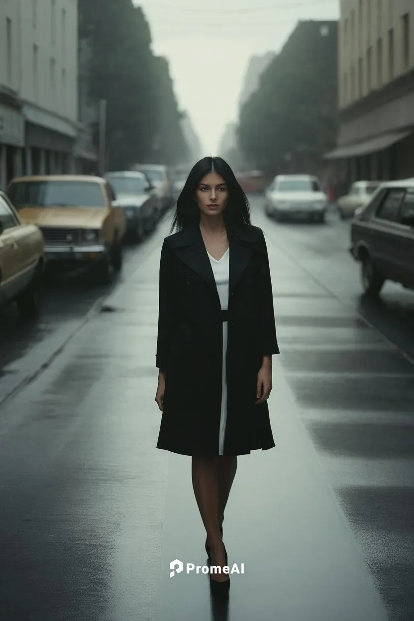 70s, black jacket white shirt, black hair,a woman is standing on the street with an umbrella,netrebko,woman walking,girl walking away,overcoats,black coat,gabourey,Photography,Documentary Photography,