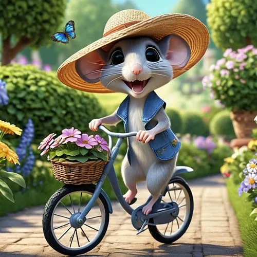 Pixar style exaggerated look, female mouse with a flowers basket riding a bike, with a little butterfly on her shoulder, in a garden background, with flowers trailing behind as she rides, wearing a su