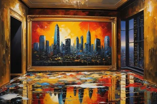 glass painting,skyscrapers,boardroom,oil painting on canvas,art painting,capital cities,cityscape,glass wall,glass tiles,city scape,the skyscraper,reflections,art dealer,paintings,meticulous painting,billiard room,shard of glass,wall street,city in flames,metropolis,Illustration,Realistic Fantasy,Realistic Fantasy 34