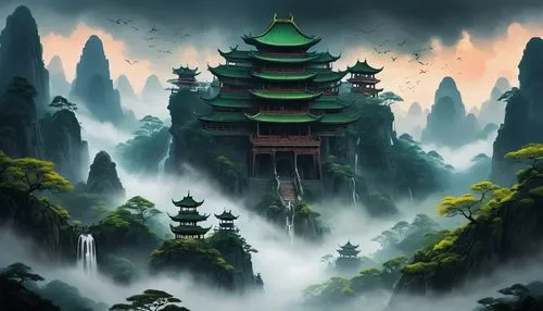 wudang,asian architecture,shaoming,cartoon video game background,world digital painting,hanging temple,Photography,Documentary Photography,Documentary Photography 38