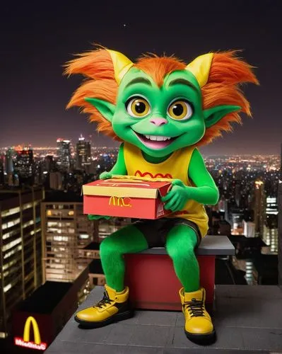 Gremlin, McDonald's mascot, green skin, big eyes, mischievous smile, messy bright orange hair, yellow shirt with golden arches, red shorts, black shoes, holding a Big Mac box, sitting on a McDonald's 