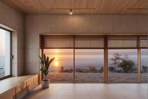 dunes house,window covering,window with sea view,sliding door,concrete ceiling,3d rendering,dune ridge,window treatment,window blinds,wooden windows,interior modern design,contemporary decor,wood window,modern room,window blind,modern decor,modern living room,window curtain,daylighting,smart home