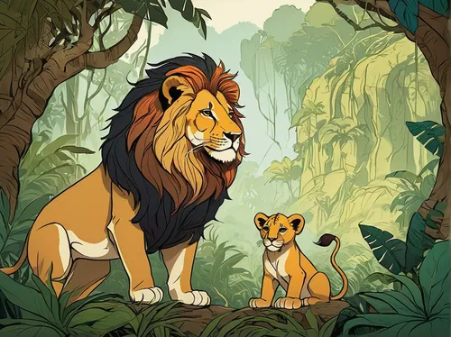 lion father,lions couple,lion children,king of the jungle,two lion,forest king lion,male lions,lionesses,the lion king,lion king,lion with cub,lions,animal kingdom,she feeds the lion,forest animals,felidae,lilo,simba,big cats,kingdom,Illustration,Children,Children 04