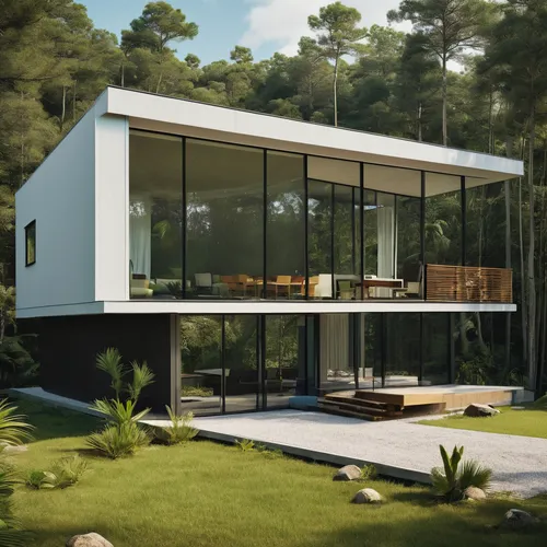 Design a tropical mid century modern vacation house architecture with sleek lines, minimalist exterior, and innovative materials. Craft a contemporary atmosphere for a sophisticated and urban space. P