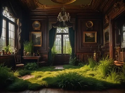 dandelion hall,victorian room,green wallpaper,ornate room,verdant,moss landscape,Photography,General,Fantasy