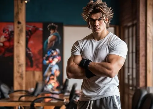 Canceling membership, young adult, male, casual wear, sweatpants, white graphic t-shirt, messy hair, no glasses, serious facial expression, arms crossed, standing, indoor background, modern interior d