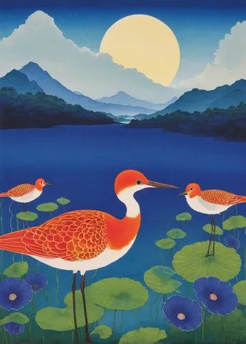 jacanas,jacana,flamingoes,kawase,migratory birds,flamingos,bird painting,tropical birds,chiyonofuji,carol colman,shorebirds,sea birds,pfau,dubbeldam,water birds,flamingo couple,swan lake,waterbirds,spartina,kimoto,Illustration,Japanese style,Japanese Style 20