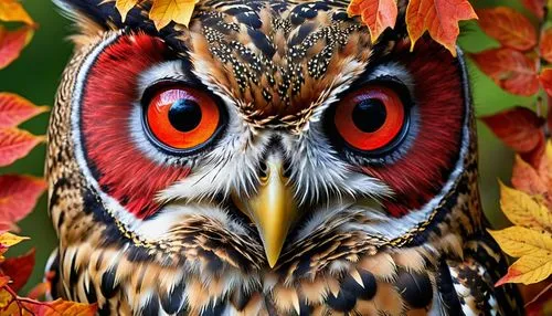 A vibrantly colored owl with piercing red eyes camouflaged among leaves. The image evokes a sense of mystery, danger, and the beauty of nature's intricate designs.,owl,owl art,great horned owl,eared o