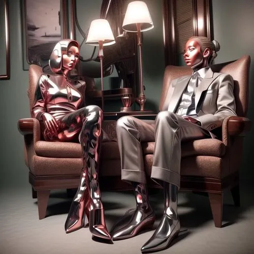 man and woman,psychotherapy,vintage man and woman,man and wife,black couple,latex clothing,agent provocateur,eurythmics,two people,manikin,mannequins,a wax dummy,suit of spades,mannequin silhouettes,pvc,psychoanalysis,new concept arms chair,conceptual photography,chrome steel,chairs