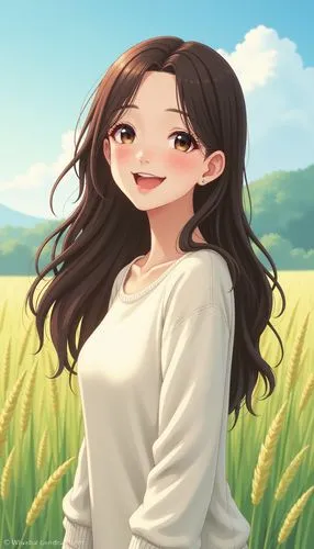 giaimo,farm background,cute cartoon character,yamada's rice fields,cute cartoon image,a girl's smile