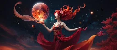 woman in red flowing dress dancing in the sky,Red Fox,hecate,melisandre,fire dancer,flame spirit,fireheart,sorceress