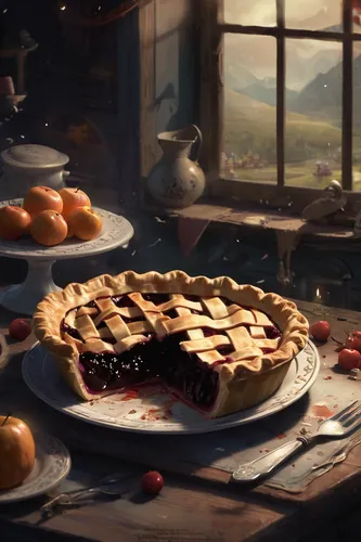 Write a bittersweet tale about a pie that brings back cherished memories of a lost loved one.,thirteen desserts,pastries,still life with jam and pancakes,crostata,bakery,tarts,fruit pie,pastry shop,de