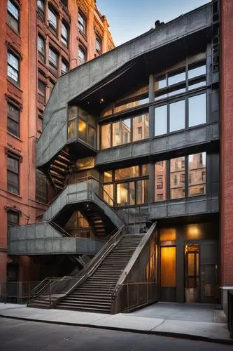 Cooper Union building, New York City, modernist architecture, brutalist style, brownstone façade, large windows, geometric shapes, urban landscape, cityscape, concrete structure, steel beams, industri