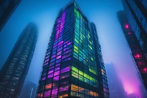 colored lights,guangzhou,colorful light,colorful city,mists over prismatic,cyberpunk,chongqing,glass building,pc tower,skyscraper,tetris,the skyscraper,fantasy city,barad,veil fog,bladerunner,ctbuh,shanghai,taikoo,intense colours,Art,Artistic Painting,Artistic Painting 31