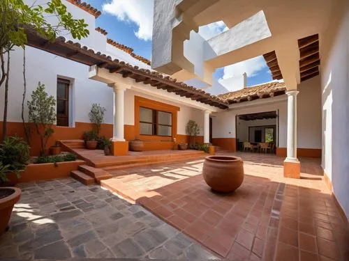 DISEÑO DE UNA CASA ESTILO MEXICANO MODERNO, CON UN CLAUSTRO CONFORMADO POR UNA TERRAZA  A BASE DE VIGAS DE MADERA, TEJA, COLUMNAS REDONDAS, EN EL CENTRO UN ESPEJO DE AGUA, CON EL ESTILO DE LA ARQUITEC