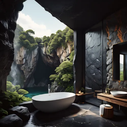 luxury bathroom,bathtub,modern minimalist bathroom,bathroom,fantasy landscape,spa,futuristic landscape,ryokan,3d fantasy,washroom,baths,cave on the water,japanese-style room,beauty room,day-spa,stone sink,background with stones,rest room,day spa,hideaway