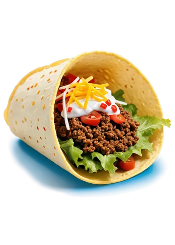 Mexican food, solo, crispy taco shell, seasoned ground beef, lettuce, diced tomatoes, shredded cheese, sour cream, cilantro, close-up, shallow depth of field, warm color tone, appetizing lighting, 3/4