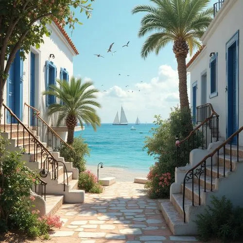 Coastal social housing, classicism, beachside, Mediterranean style, white walls, blue windows, red tiles, lush greenery, palm trees, oleander flowers, seaside promenade, staircases leading to apartmen