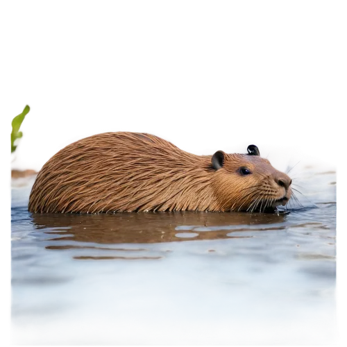 Capybara, semi-aquatic, rodent, large ears, whiskers, brown fur, wet eyes, swimming pose, water ripples, aquatic plants, shallow water, natural light, 3/4 composition, soft focus, warm color tone.,coy