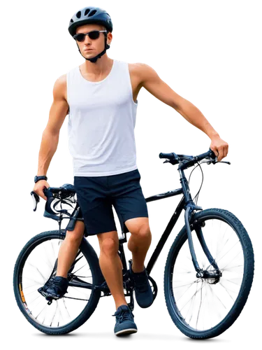 Young man, athletic build, cycling pose, sporty helmet, sunglasses, messy short hair, sweat on forehead, white sleeveless shirt, black shorts, sneakers, mountain bike, alloy wheels, shiny metal frame,