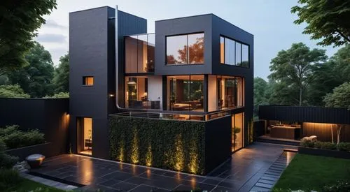 a modern modern house with polished floors and flowing windows sits at the end of a quiet garden. The windows are painted a soft orange, and the doors are painted a deep red. The primary exterior colo