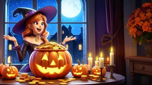 a cute little girl in a witches costume next to pumpkins and candles,halloween background,halloween scene,halloween witch,halloween banner,kirdyapkin,pumpsie