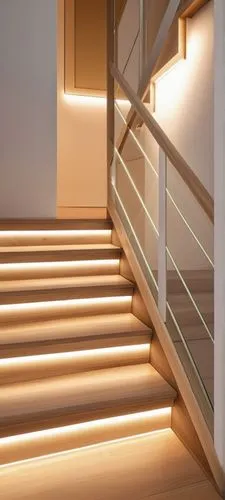 SCALA CON PEDATA IN ROVERE, ALZATA BIANCA CHIARO LED, RINGHIERA  DI ALLUMINIO ,track lighting,wooden stair railing,outside staircase,halogen spotlights,wooden stairs,security lighting,winding staircas