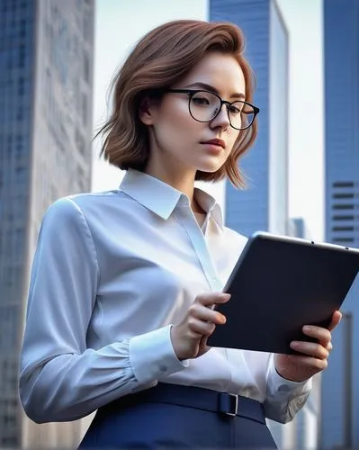 Intelligent architect, standing, confident posture, black-rimmed glasses, short brown hair, subtle makeup, white shirt, dark blue suit, silver watch, holding a tablet, survey paper, pen, modern minima