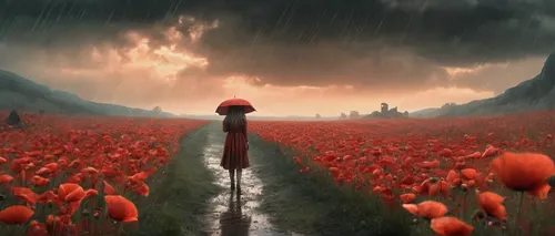 field of poppies,poppy field,poppy fields,red poppies,red poppy,coquelicot,red rose in rain,tulip field,red poppy on railway,poppies,way of the roses,red petals,tulip fields,rain field,flower field,field of flowers,fallen petals,tulip background,red tulips,tulips field,Illustration,Realistic Fantasy,Realistic Fantasy 02