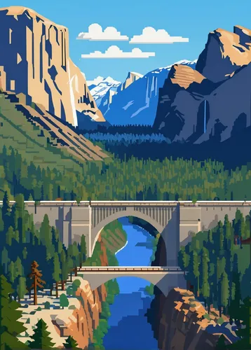 A parting shot of Tunnel View. Yosemite will always hold a special place in our hearts. Onward!,pixel art,scenic bridge,tied-arch bridge,highway bridge,hangman's bridge,arch bridge,humpback bridge,mou