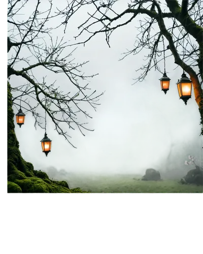 foggy landscape,street lamps,streetlamps,fairy lanterns,lamplight,mists,lanterns,autumn fog,fog,hanging lantern,mist,foggy day,ground fog,fog banks,dense fog,fogs,foggy forest,the fog,gaslight,nebel,Illustration,Paper based,Paper Based 13