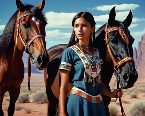 A young skinny woman with long straight dark hair, tanned skin and dark brown eyes. She is dressed with a native american clothes. She is mounting a horse. The background is an alien planet. Retro sci