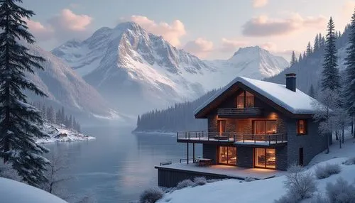 the cabin in the mountains,winter house,house in mountains,house in the mountains,house with lake,mountain hut,snow house,snowy landscape,snow landscape,winter landscape,beautiful home,mountain huts,cottage,house by the water,small cabin,log cabin,summer cottage,chalet,winter lake,snowy mountains,Photography,General,Realistic