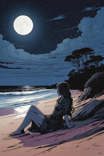 girl on the dune,beach moonflower,sea night,dark beach,the beach pearl,moonlit night,beach scenery,the night of kupala,dream beach,moonlight,moonlit,on the shore,stranded,beach landscape,rem in arabian nights,beach background,summer evening,lover's beach,deserted island,sci fiction illustration,Illustration,Black and White,Black and White 12