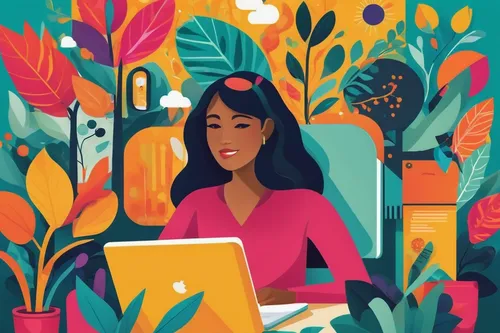 girl at the computer,freelance,illustrator,girl studying,digital nomads,freelancer,women in technology,vector illustration,digital illustration,coffee tea illustration,work at home,book illustration,work from home,work in the garden,adobe illustrator,girl in flowers,floral background,blogger icon,vector art,digital creation,Illustration,Vector,Vector 08