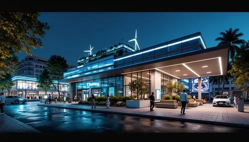 Futuristic charging station, sleek metal facade, dynamic LED lighting, angular lines, minimalist design, eco-friendly materials, green roofs, solar panels, wind turbines, modern architecture, large gl