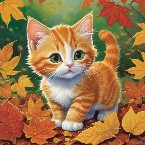 ginger kitten,autumn background,orange tabby cat,orange tabby,ginger cat,cute cat,Illustration,Children,Children 01